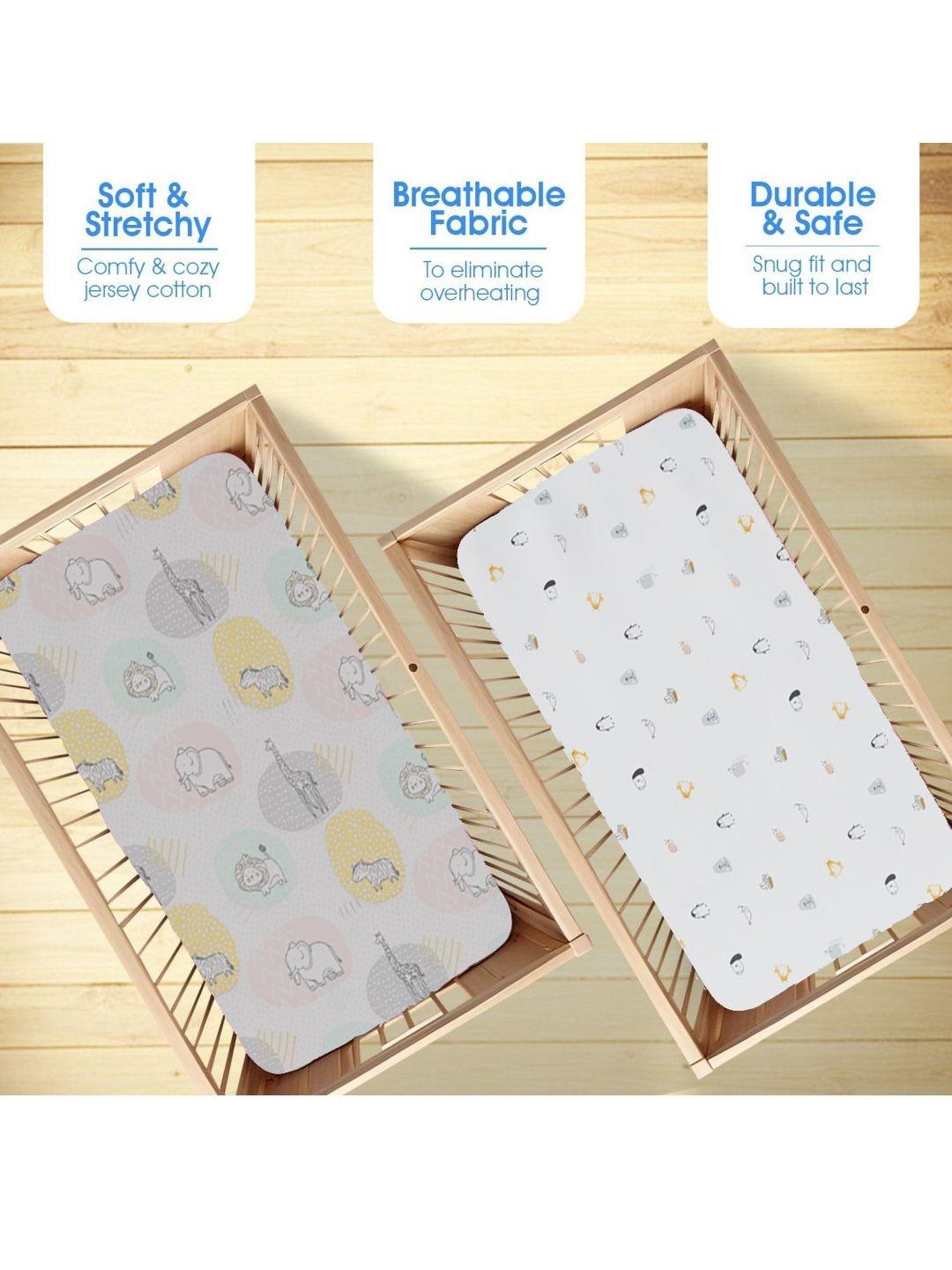 Portico Grey & White Printed Pure Cotton 2 Pieces 160 TC Crib Bedsheet-47 In x 66 In