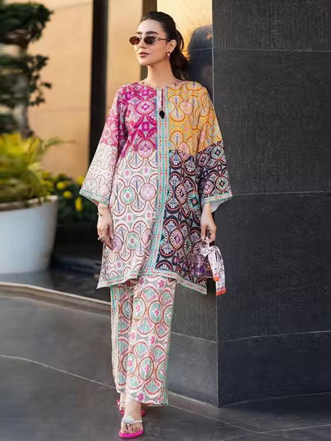 MAHUDI Printed Round Neck Pure Cotton Tunic With Palazzo