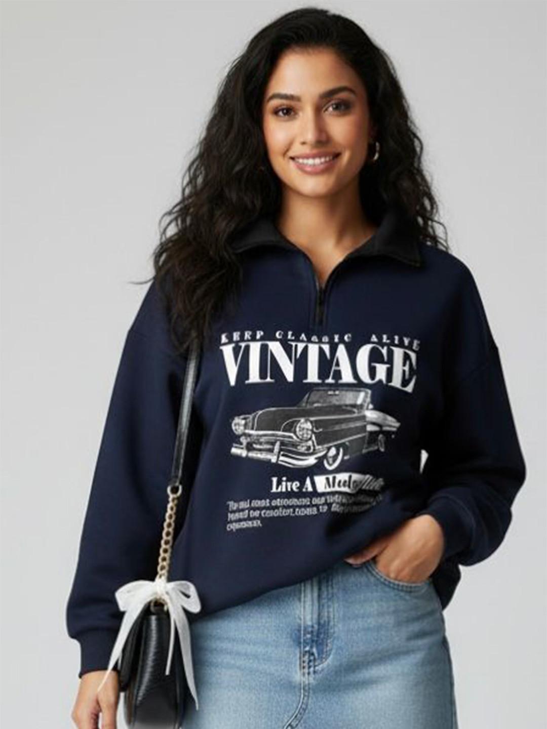 TABADTOD Women Typography Printed Oversized Half Zipper Sweatshirt