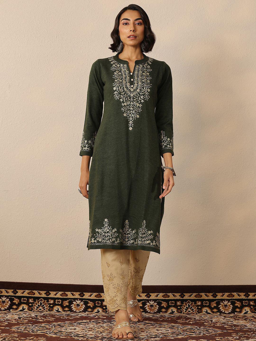 Libas Women Floral Embroidered Thread Work Woollen Kurta