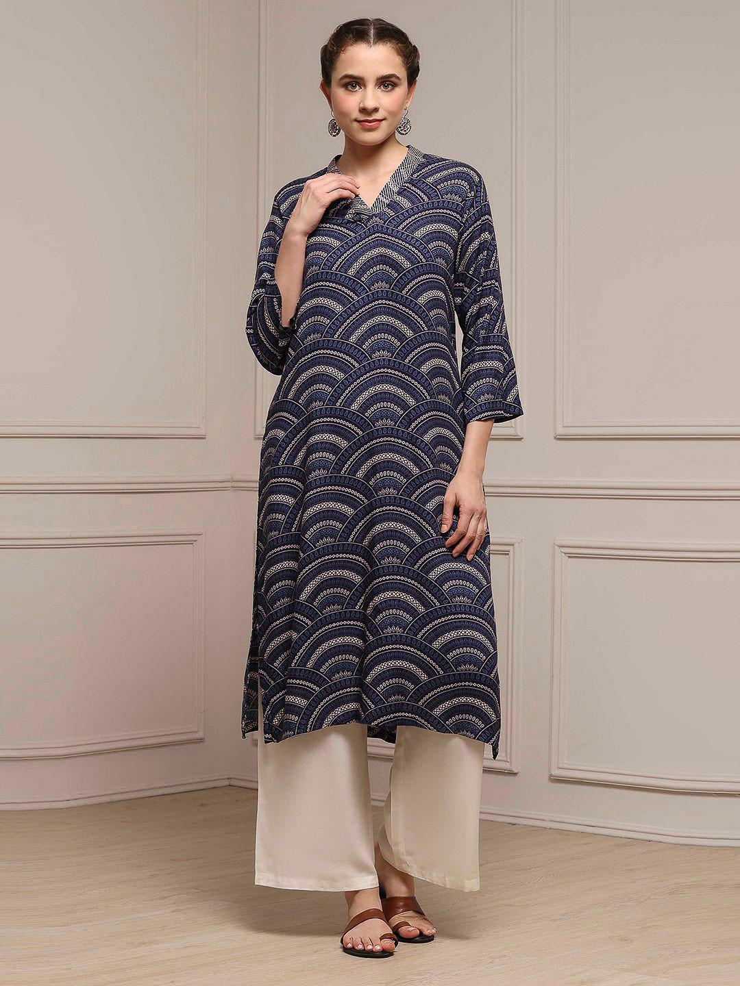 Biba Chevron Embroidered V-Neck Roll-Up Sleeves A-Line Kurta