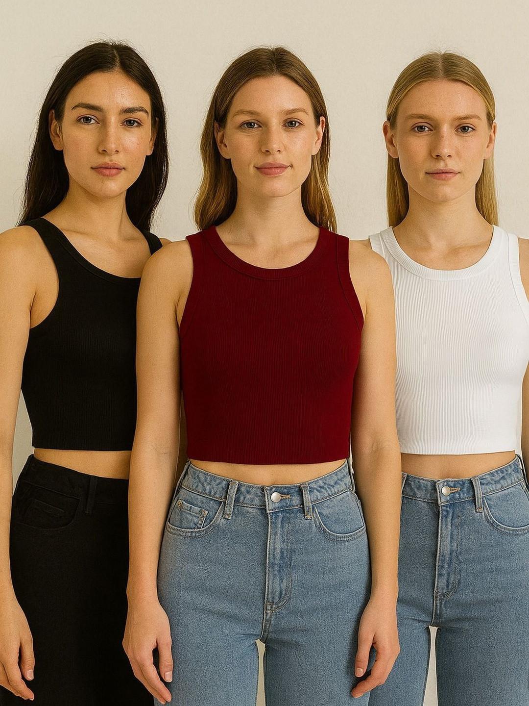 BerryBird Women Pack Of 3 Sleeveless Round Neck Ribbed Crop Tank Tops