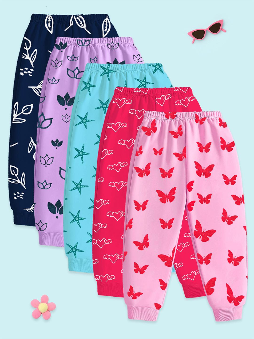 YK Pack of 5 Girls Printed Cotton Track Pants
