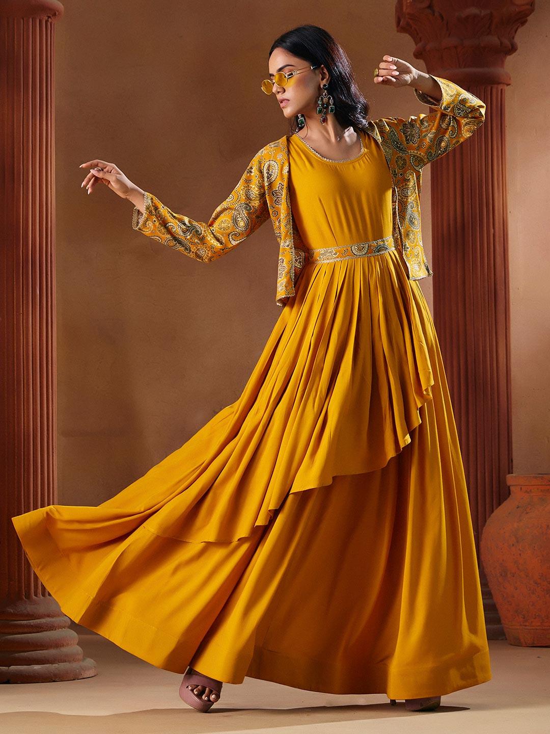 MADHURAM Women Solid Round Neck Gown Ethnic Rayon Dress With Jacket