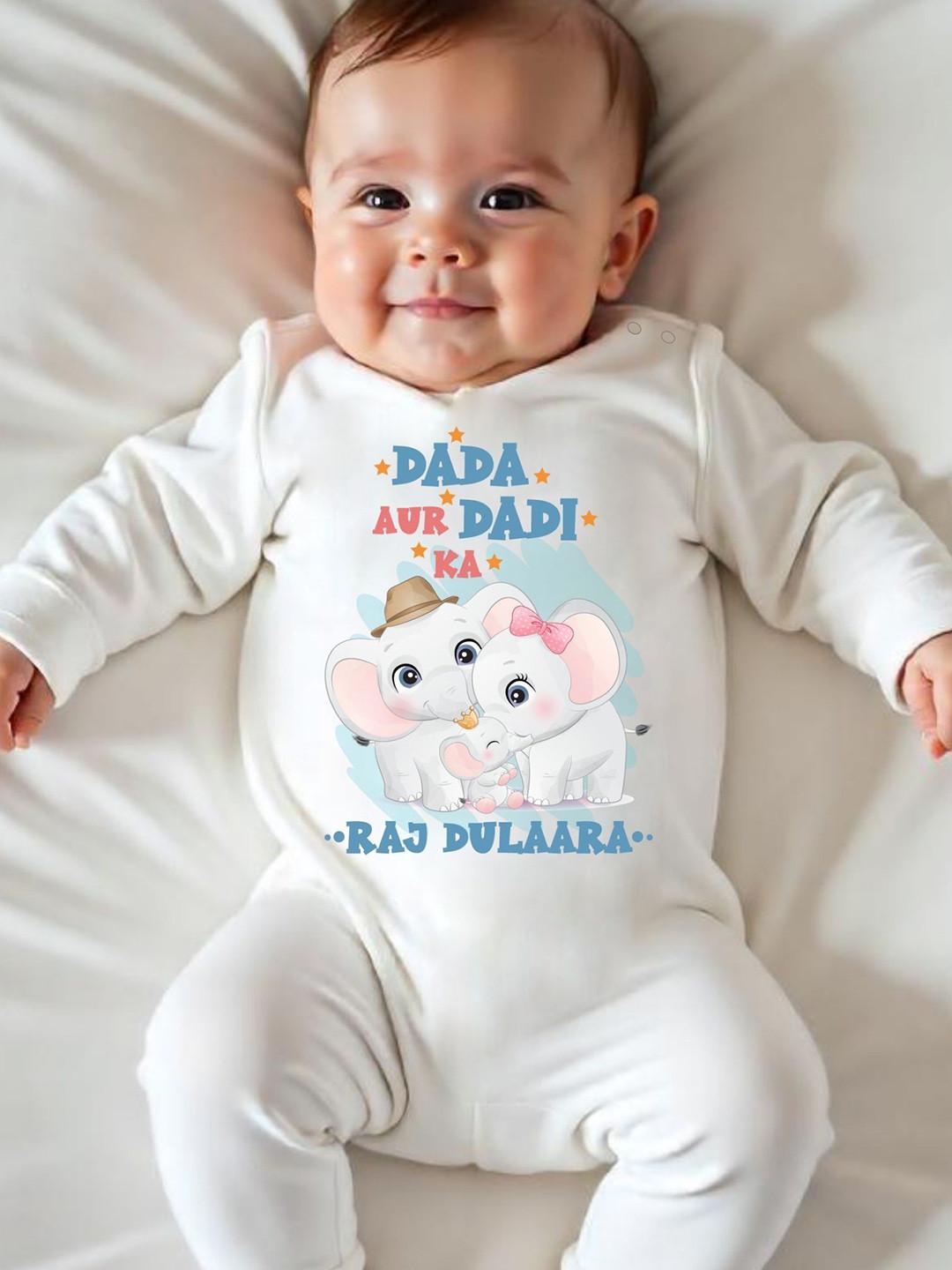 KNITROOT Infants Kids Printed Dada Aur Dadi White Cotton Romper