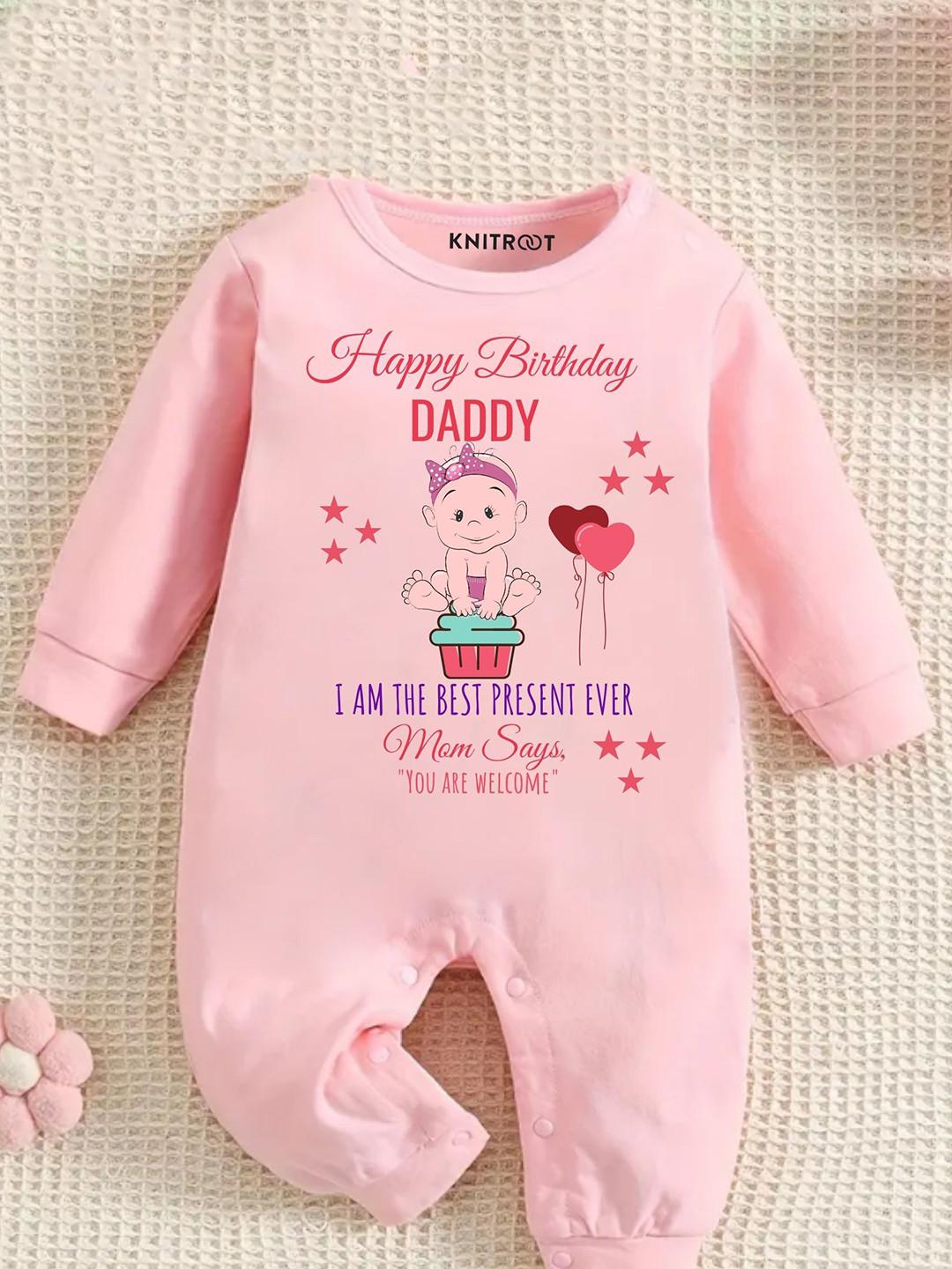 KNITROOT Infants Pink Printed Happy Birthday Daddy Theme Cotton Romper