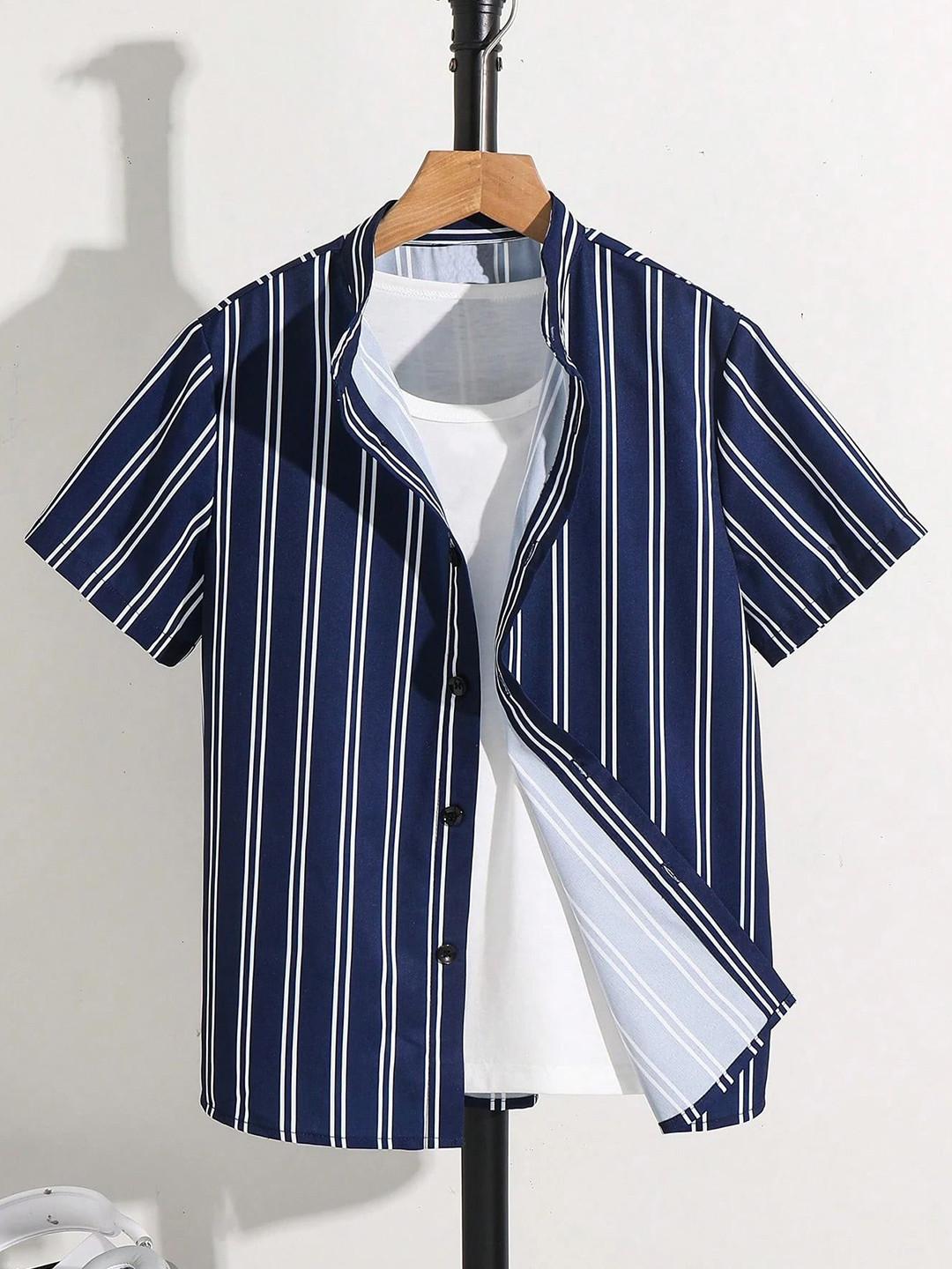 BAESD Boys Standard Fit Vertical Striped Mandarin Collar Casual Shirt