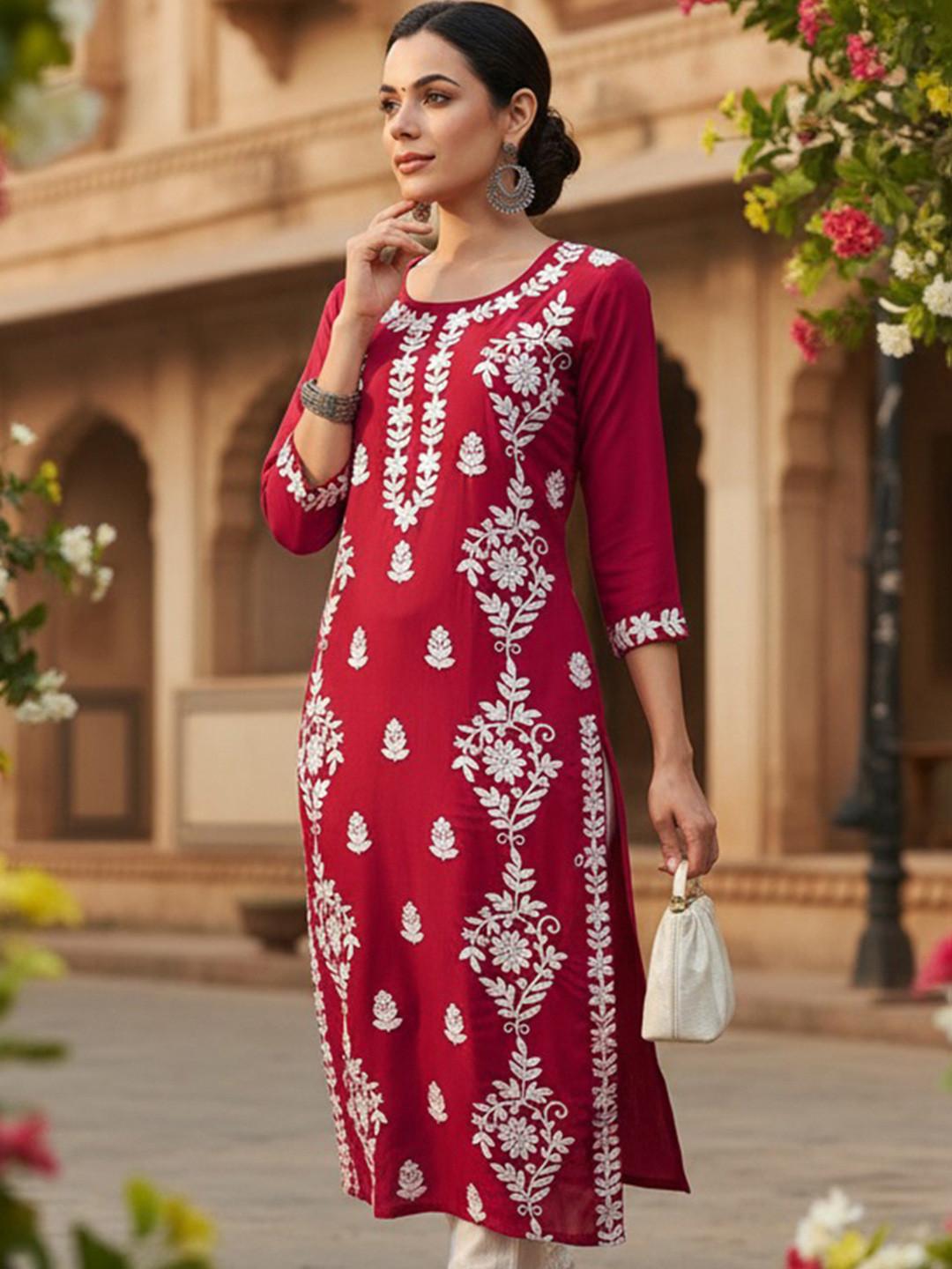 KALINI Floral Embroidered Round Neck Chikankari Straight Kurta