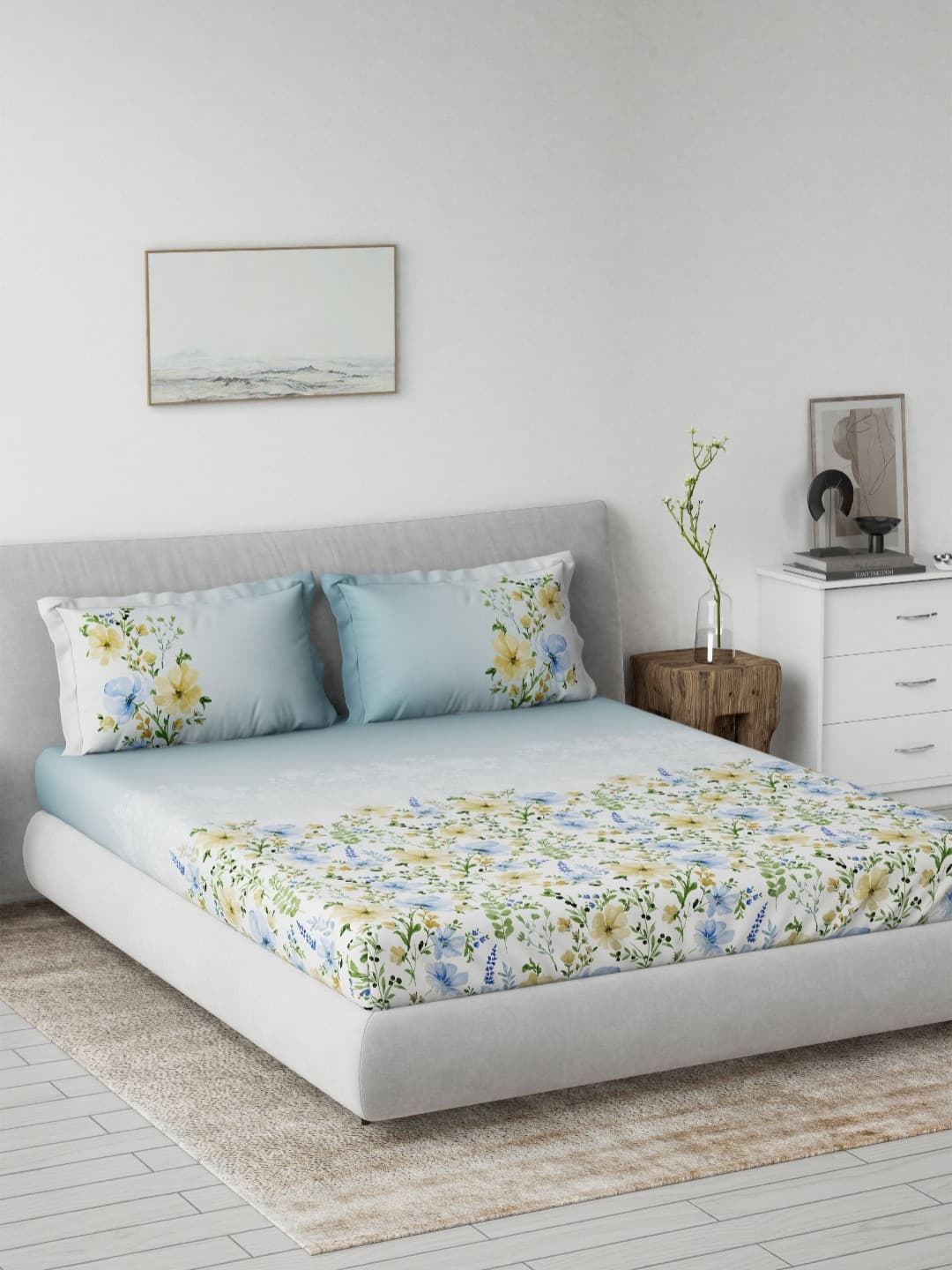DDecor Blue & Green Printed Pure Cotton 144 TC King Bedsheet Set 2.29m x 2.74m