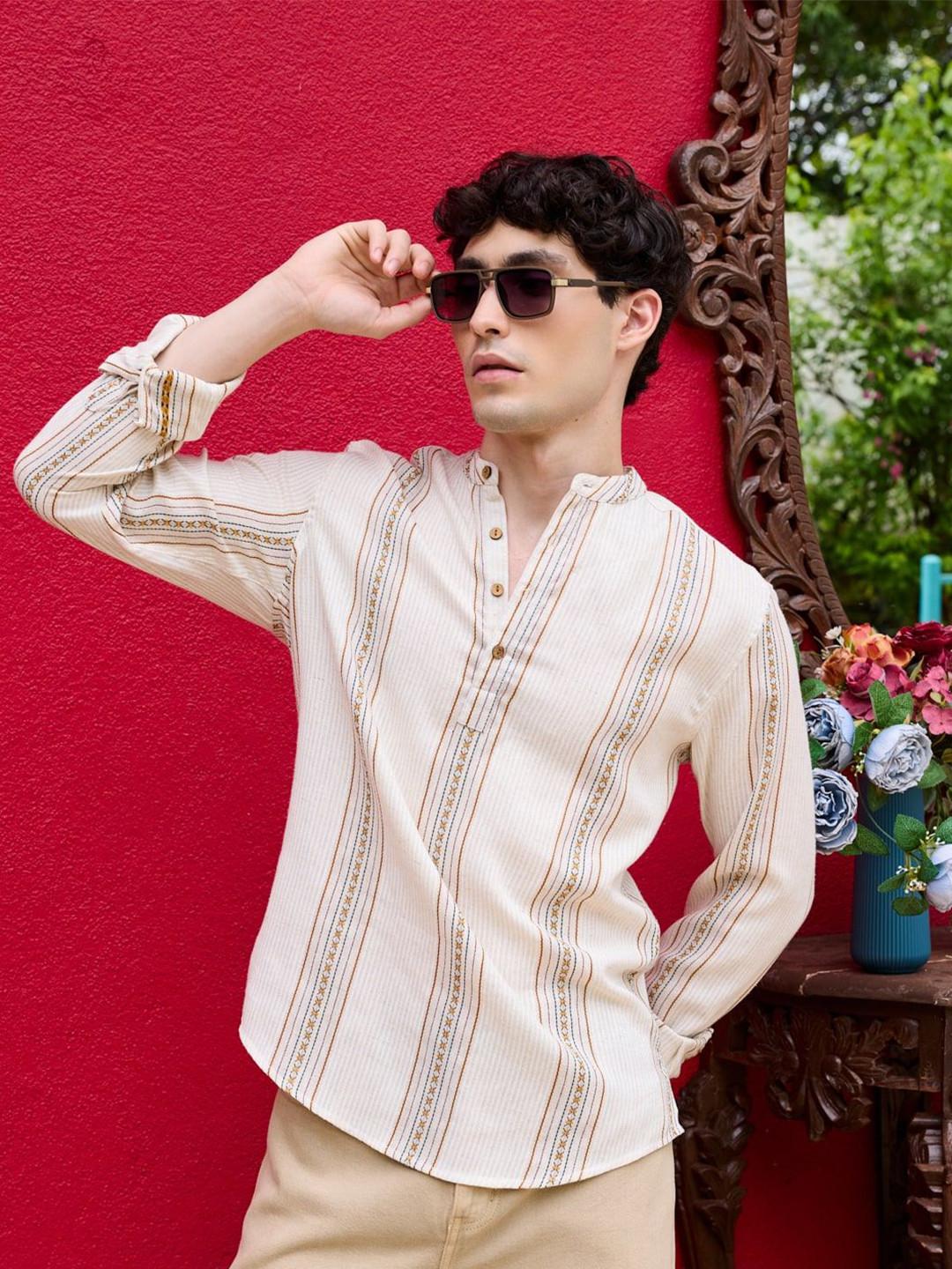 VASTRADO Cream Striped Mandarin Collar Linen Kurta