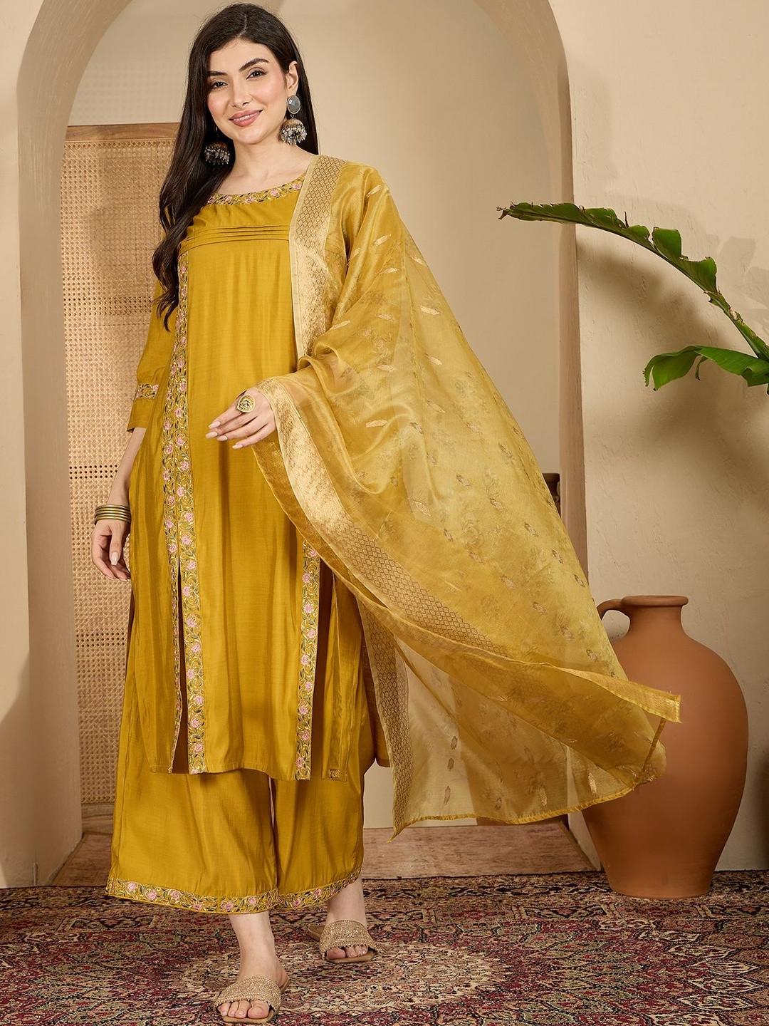 Sangria Ethnic Motifs Embroidered Panelled Thread Work Kurta with Palazzos & Dupatta