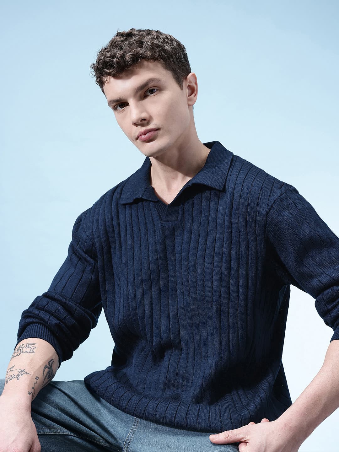 glitchez Shirt Collar Ribbed Pullover