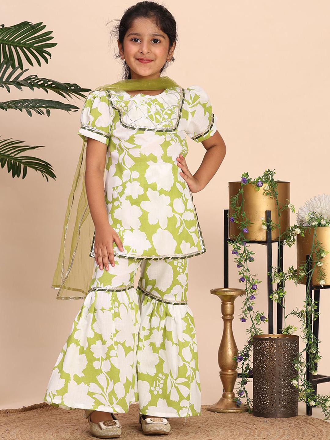 Cutiekins Girls Floral Printed Kurta with Sharara & Dupatta
