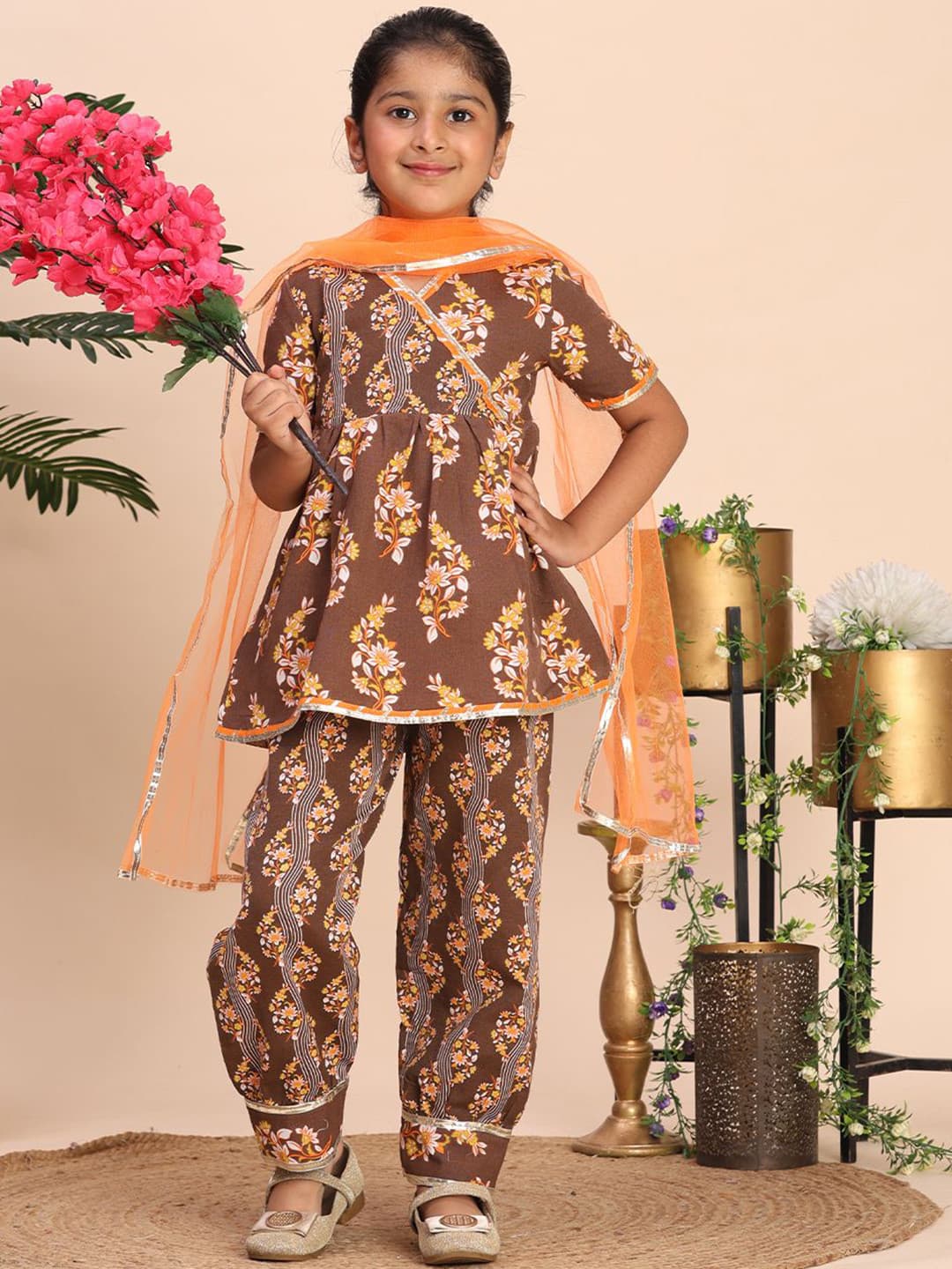 Cutiekins Girls Floral Printed V-Neck Gotta Patti A-Line Kurta With Trouser & Dupatta