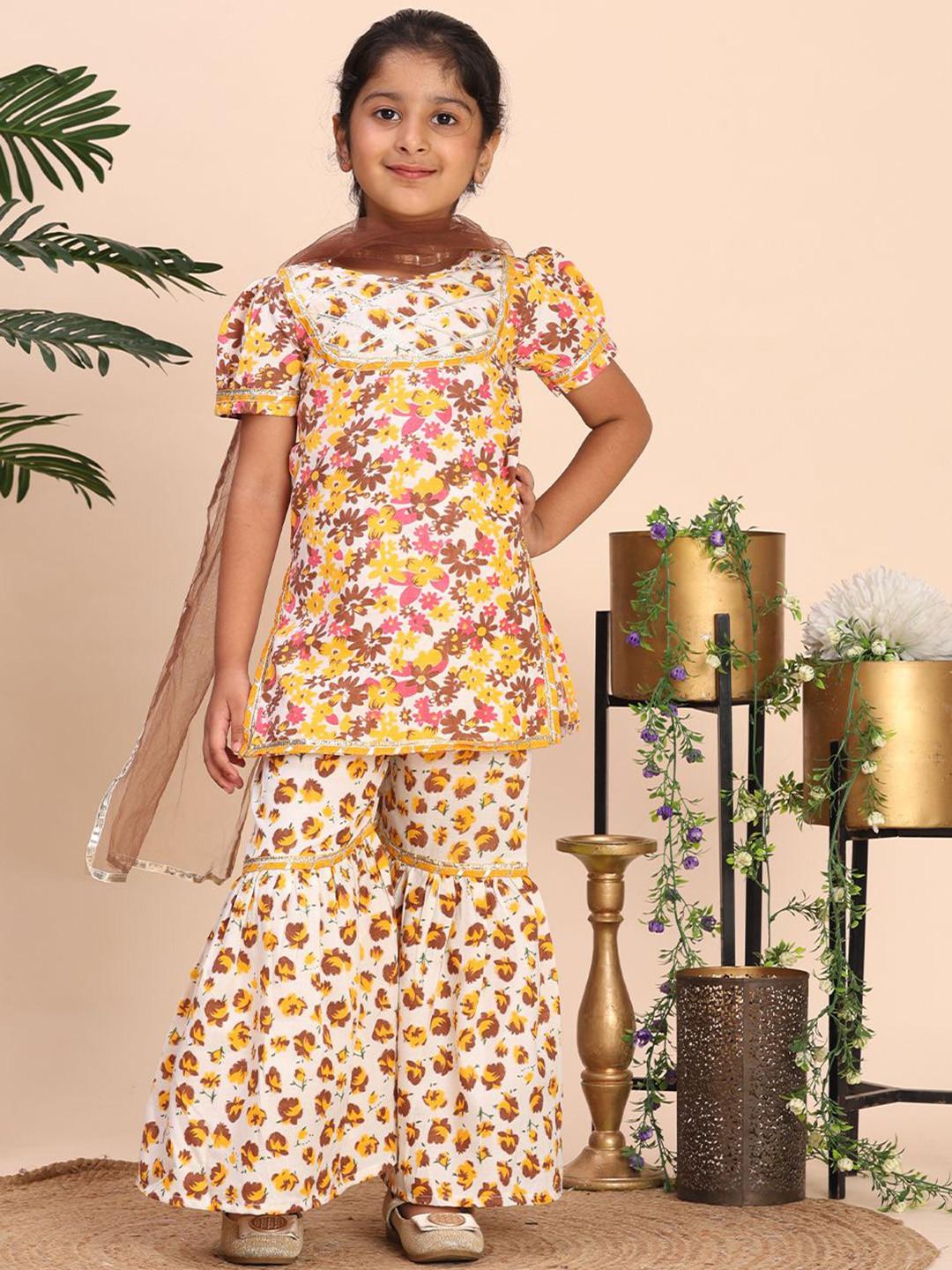 Cutiekins Girls Floral Printed Gotta Patti Straight Kurta With Sharara & Dupatta