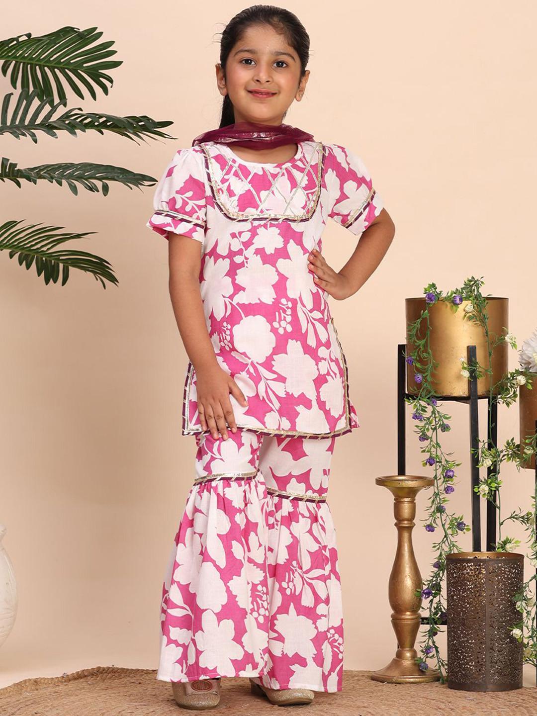 Cutiekins Girls Floral Printed Puffed Sleeves Gotta Patti Kurta with Sharara & Dupatta