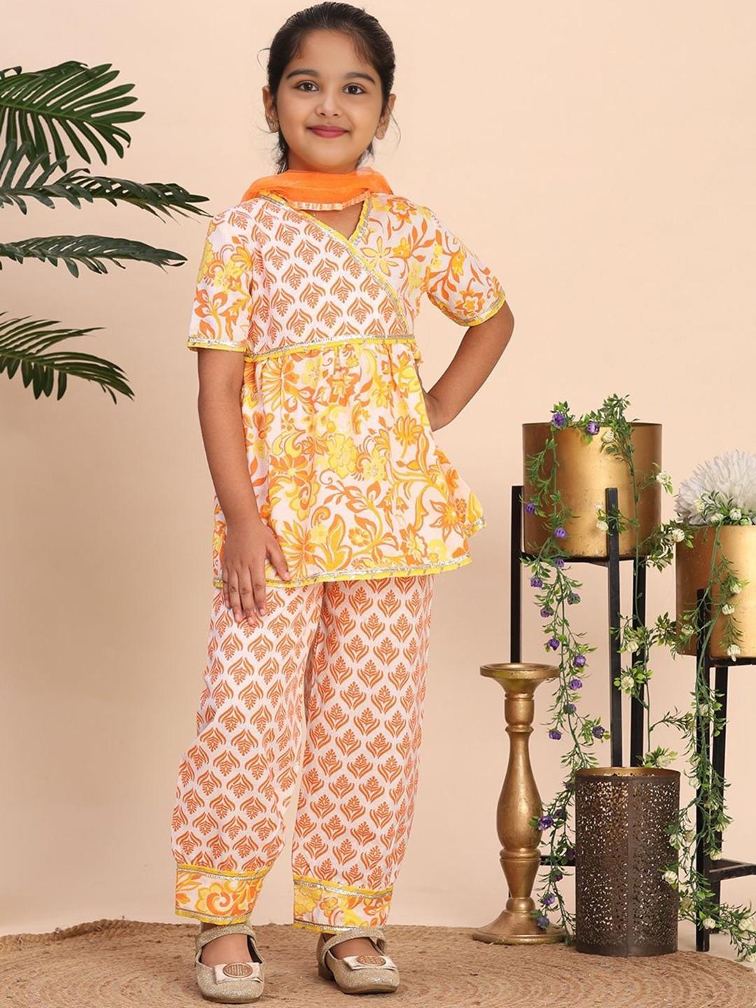 Cutiekins Girls Floral Printed V-Neck Gotta Patti A-Line Kurta With Trousers & Dupatta
