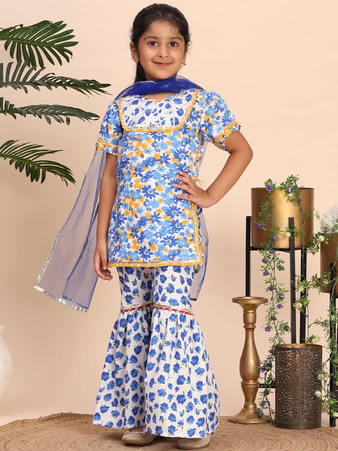 Cutiekins Girls Floral Printed Empire Gotta Patti Kurta with Sharara & Dupatta