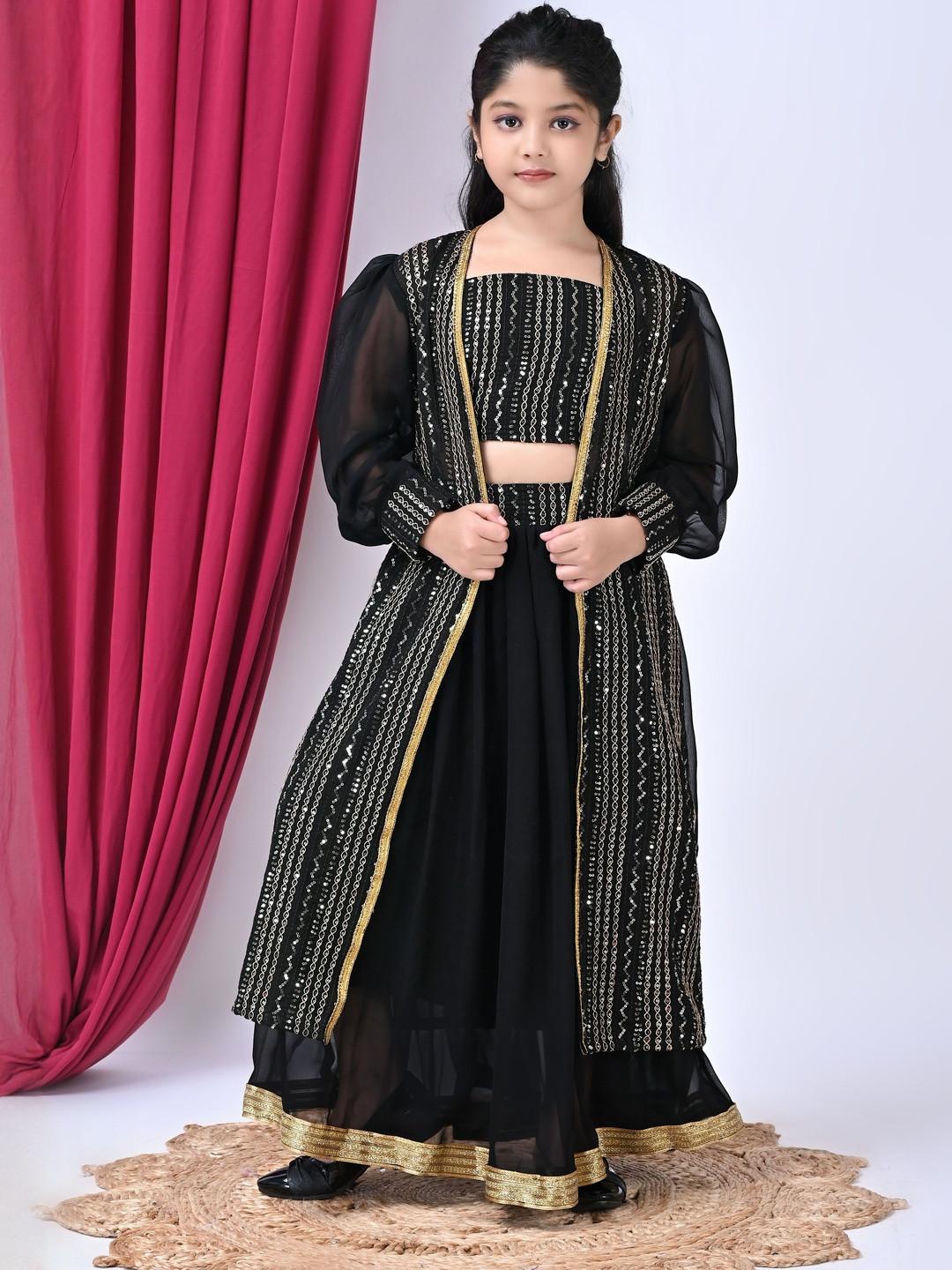 SPAMitude Girls Embellished Self Design Georgette Jacket & Skirt Clothing Set