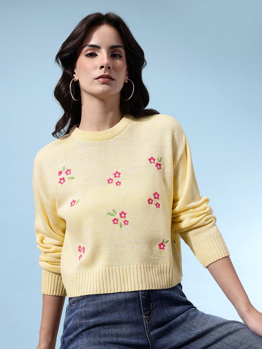 glitchez Floral Embroidered Round Neck Pullover