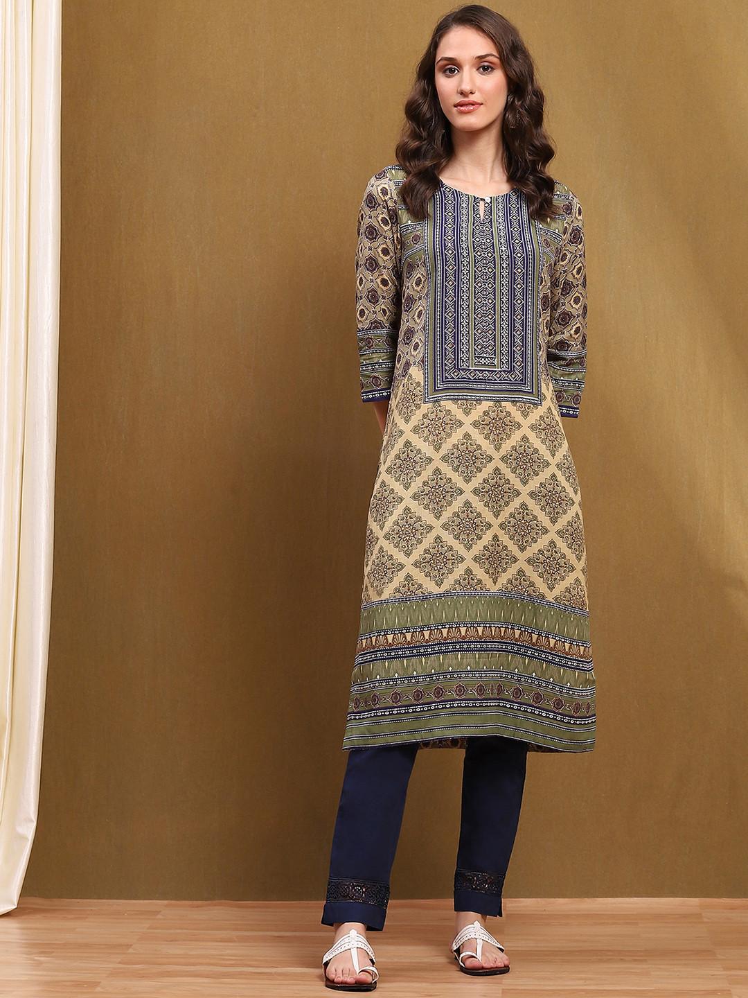 Biba Floral Printed Round Neck Straight Kurta