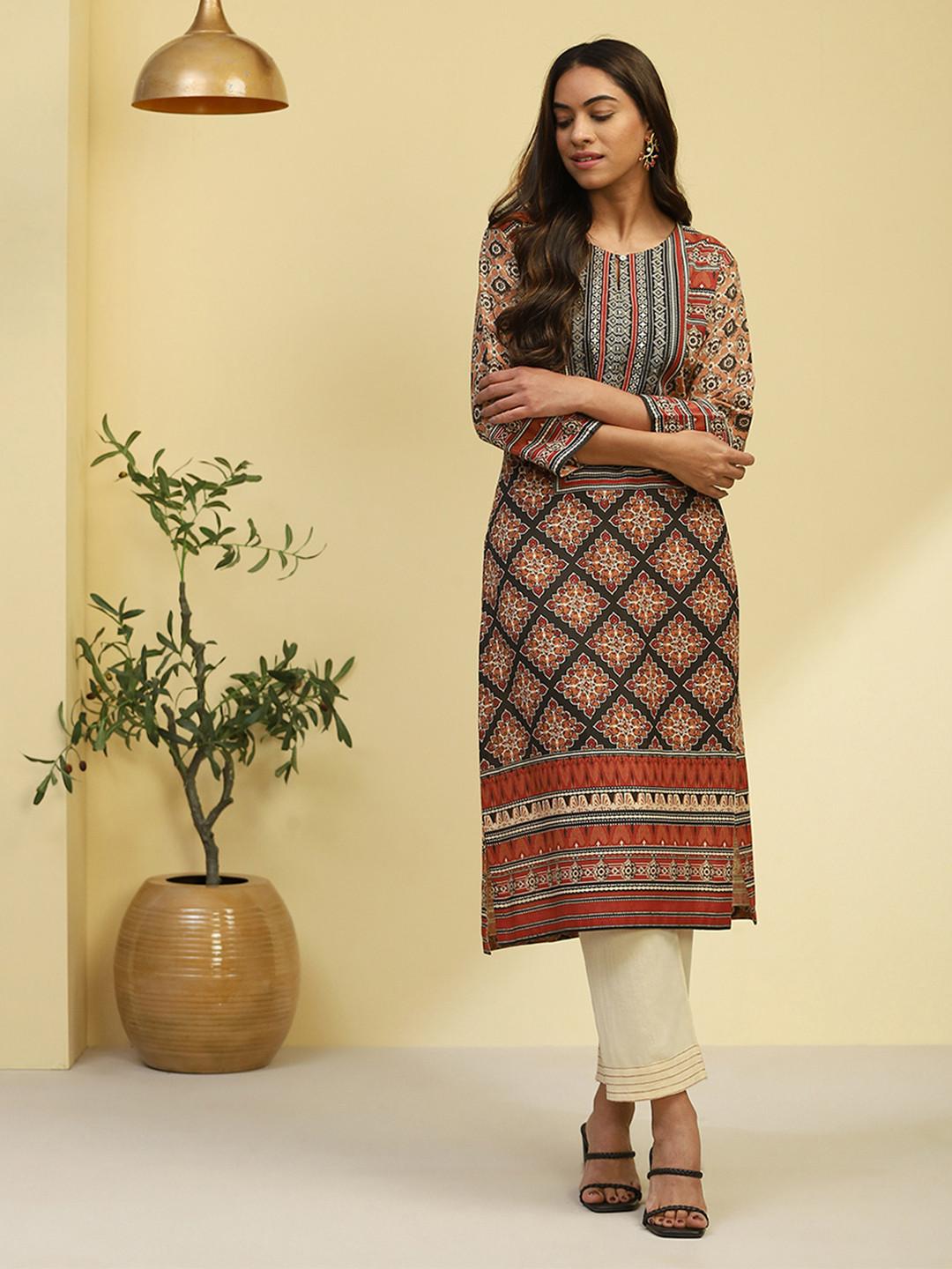 Biba Floral Printed Keyhole Neck Silk Straight Kurta