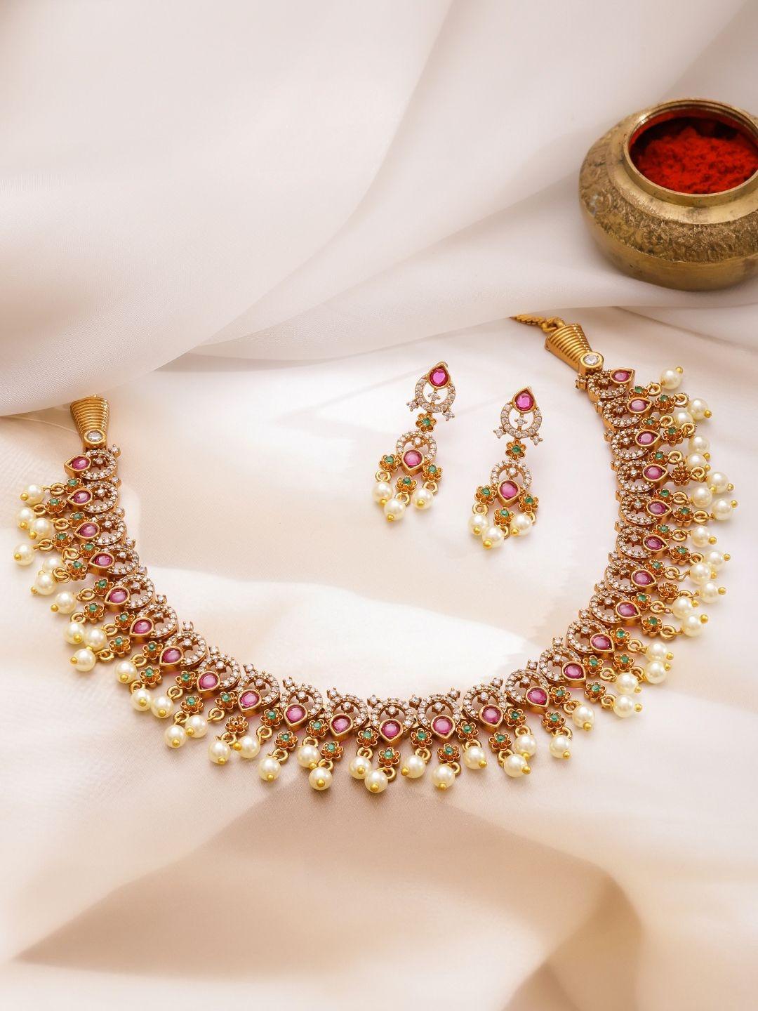 Rubans 22K Gold-Plated Cubic Zirconia Studded & Pearls Beaded Jewellery Set