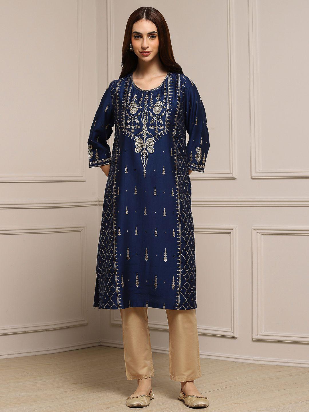 Biba Women Ethnic Motifs Foil Printed Regular Straight Kurta