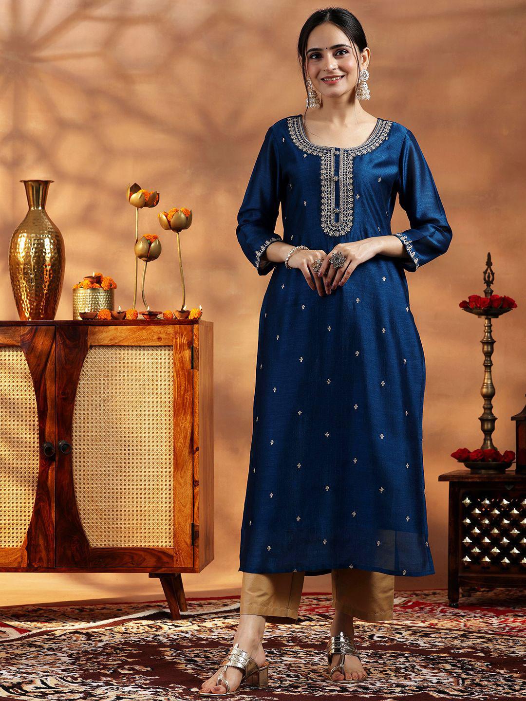 Libas Floral Embroidered Round Neck Zari Pure Silk Kurta