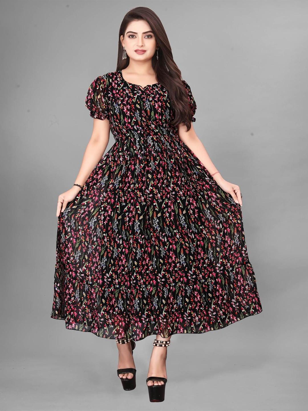 QENA Women Print Tie-Up Neck Puff Sleeve Applique Fit & Flare Dress