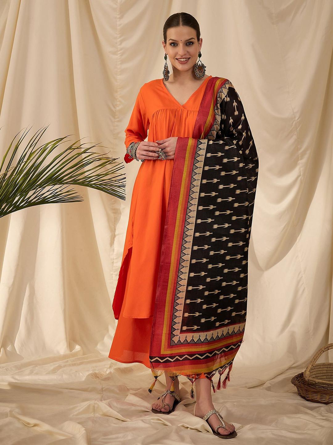 InWeave Floral Printed Tasselled Ikkat Dupatta