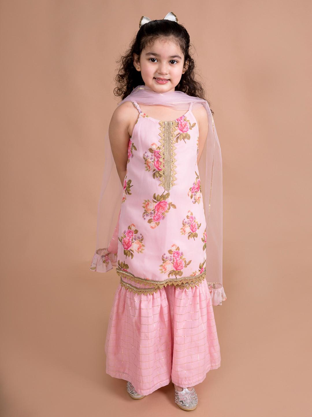 pspeaches Girls Pink Ethnic Floral Print Georgette A-Line Kurti & Sharara With Dupatta