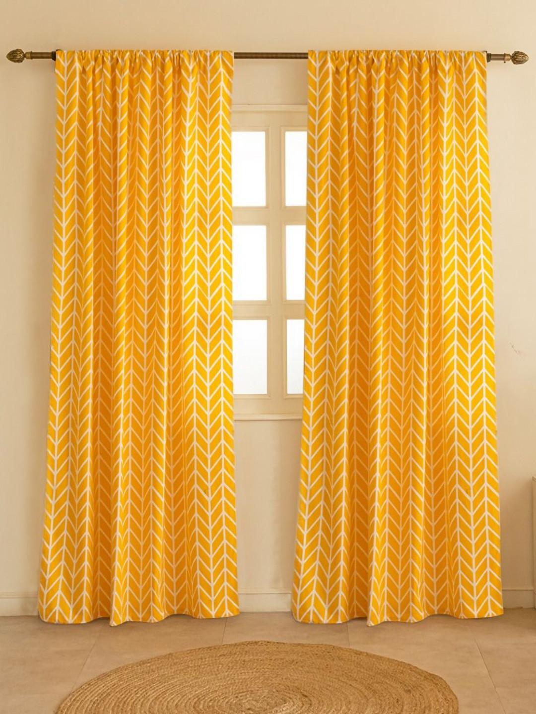 HOMEMONDE Yellow & White 2 Pieces Geometric Printed Cotton Room Darkening Window Rod Pocket Curtains