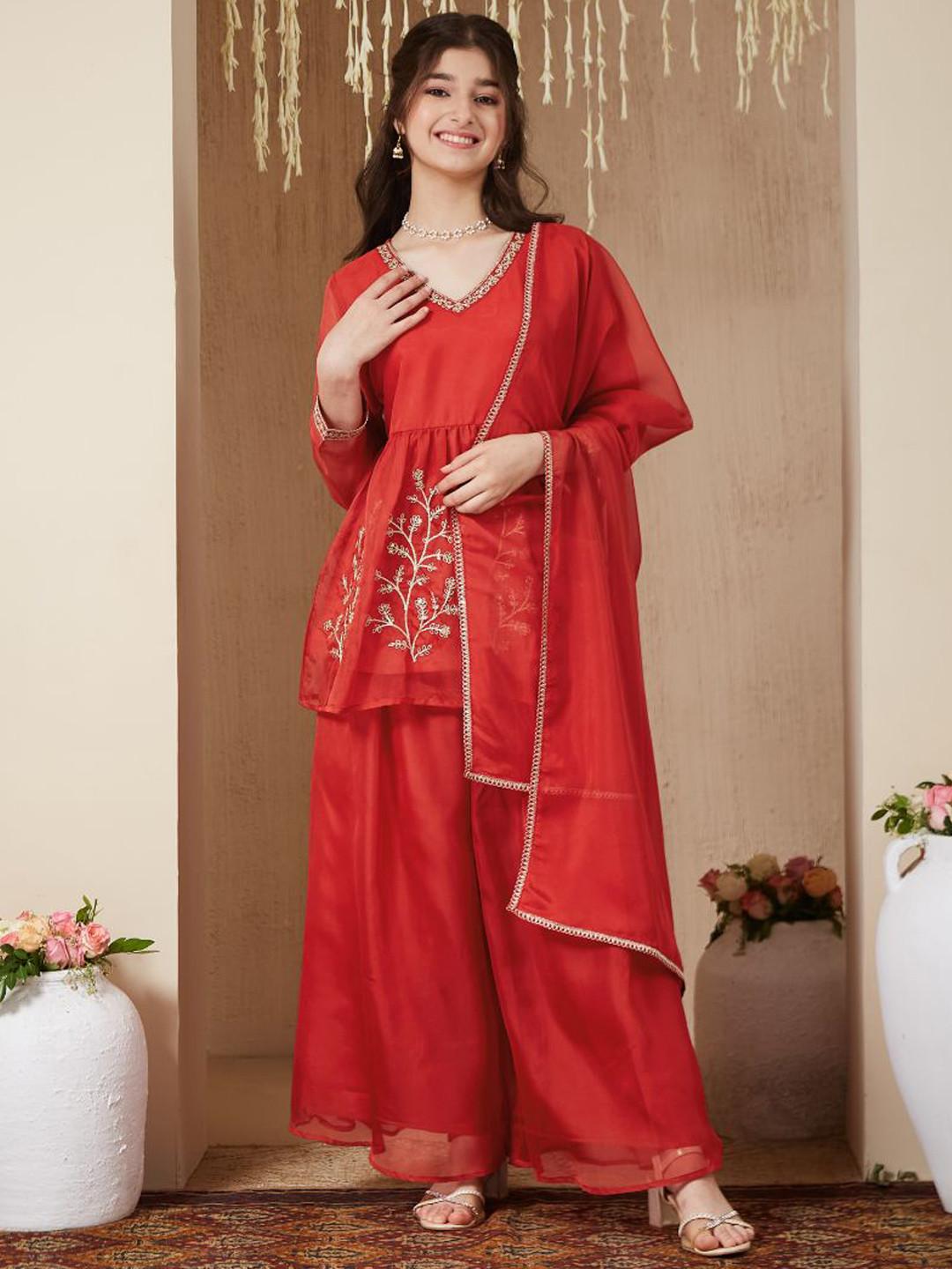 CurlyTales Girls Organza Embroidered Short Kurta and Palazzo Set With Dupatta