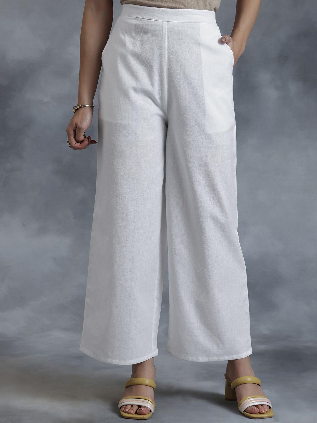 Libas Women White Solid Cotton Palazzos