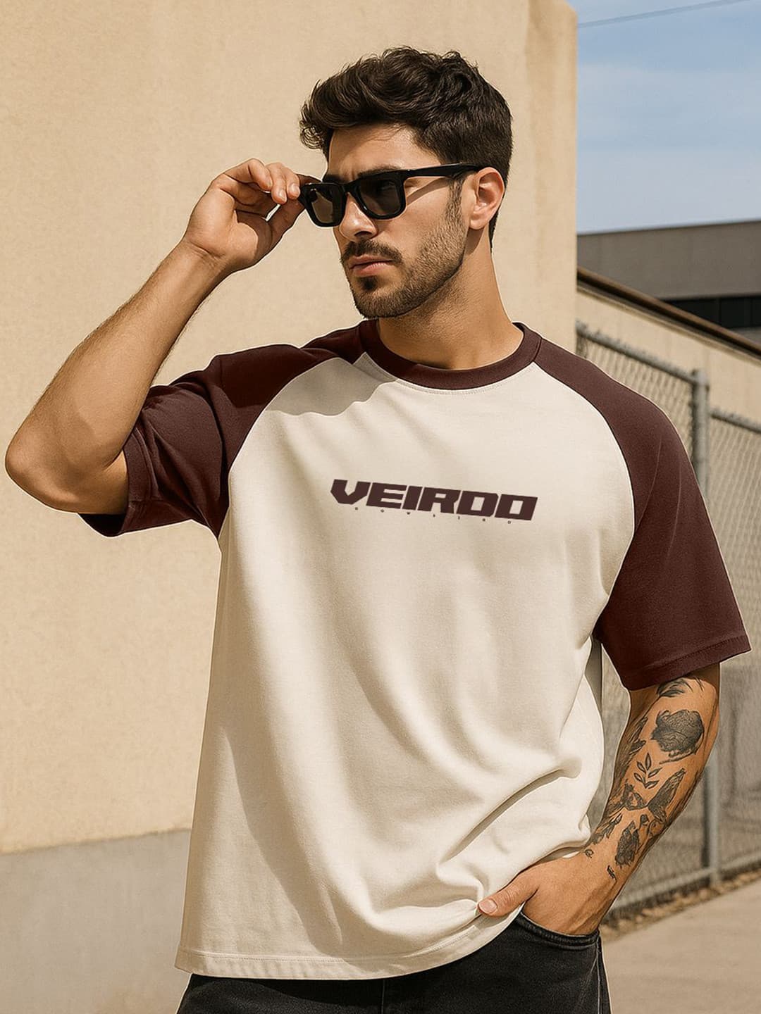 VEIRDO Men Typography Printed Round Neck Cotton Oversized T-shirt