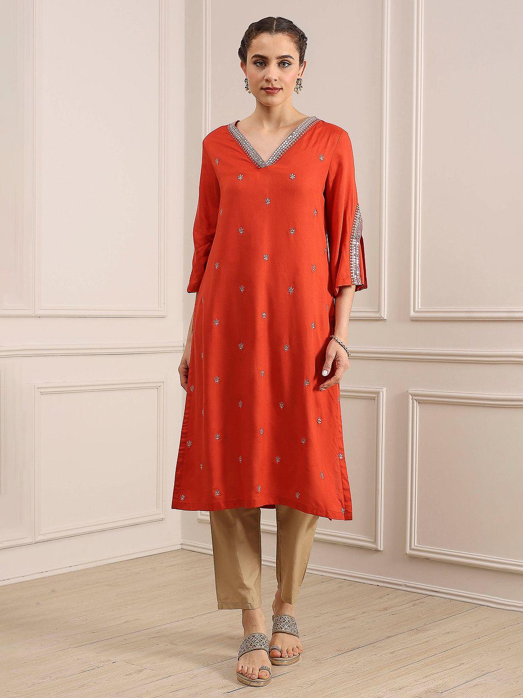 Biba Women Floral Woven Design V-Neck Flared Sleeves Kurta