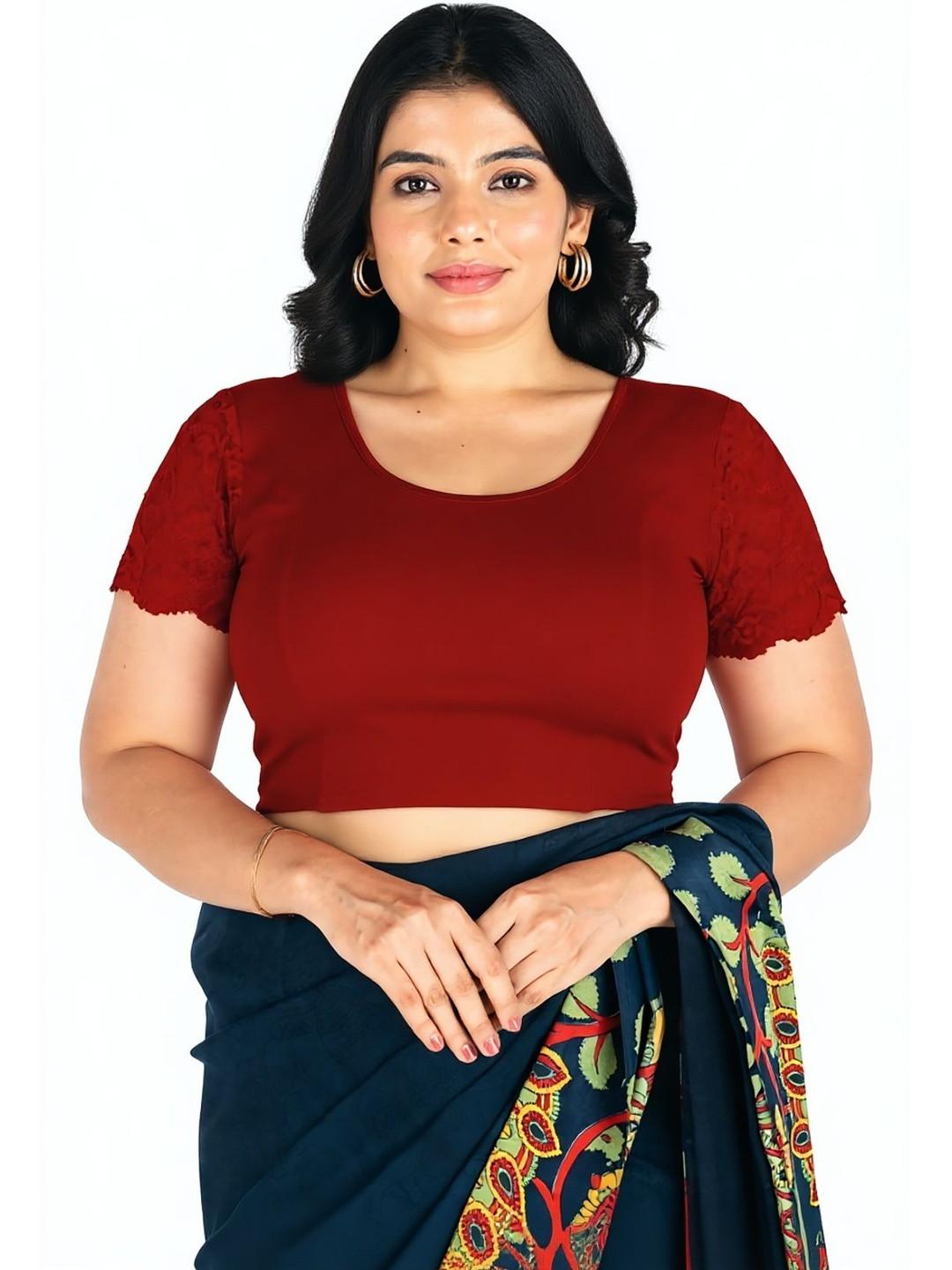 Abhi Women U Neck Solid Cotton Lycra Stretchable Half Sleeve Readymade Saree Blouse