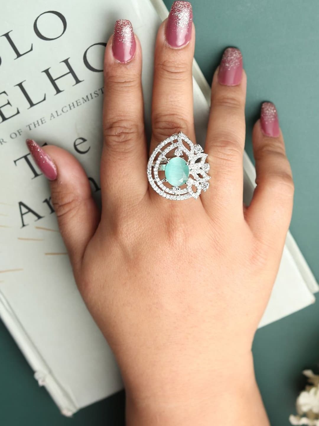 DIVASTRI Rhodium-Plated Mint & White CZ Studded Adjustable Ring