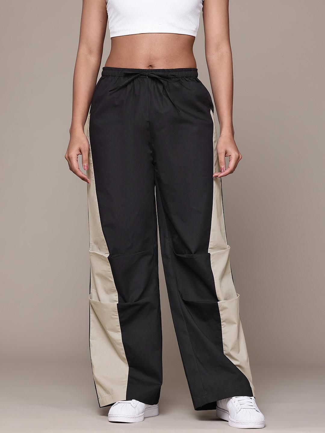 Popnetic Women Colourblocked High-Rise Pure Cotton Wide Leg Fit Parachute Trousers