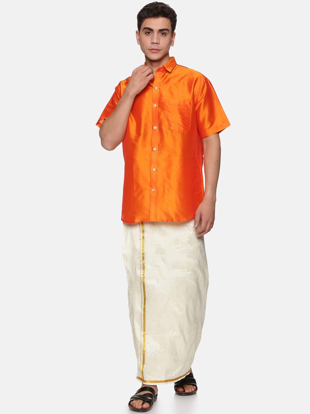 Sethukrishna Men Orange & White Shirt with Zari Dhoti