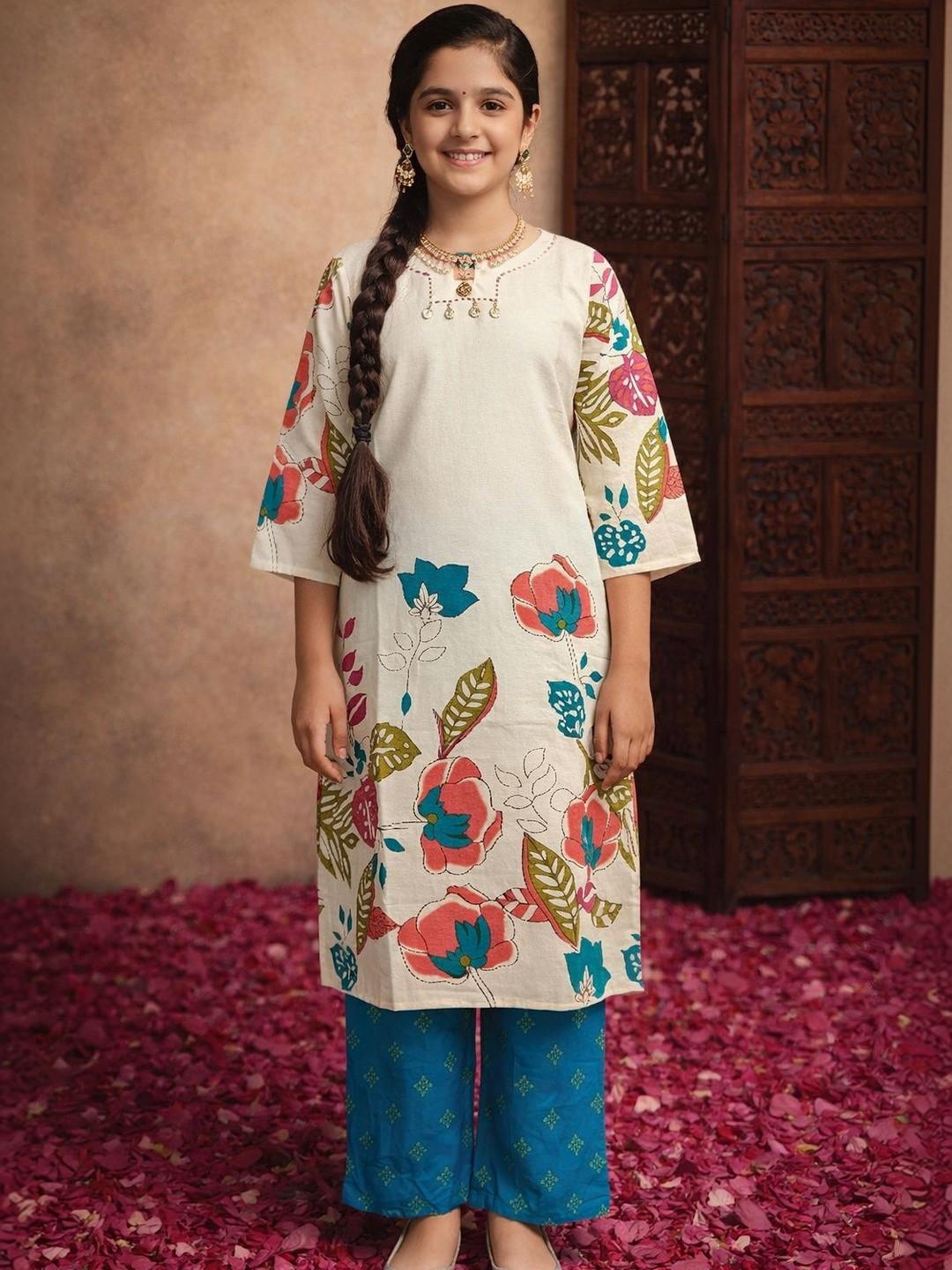 Sangria Girls Printed Pure Cotton Round Neck Calf Length Straight Kurta