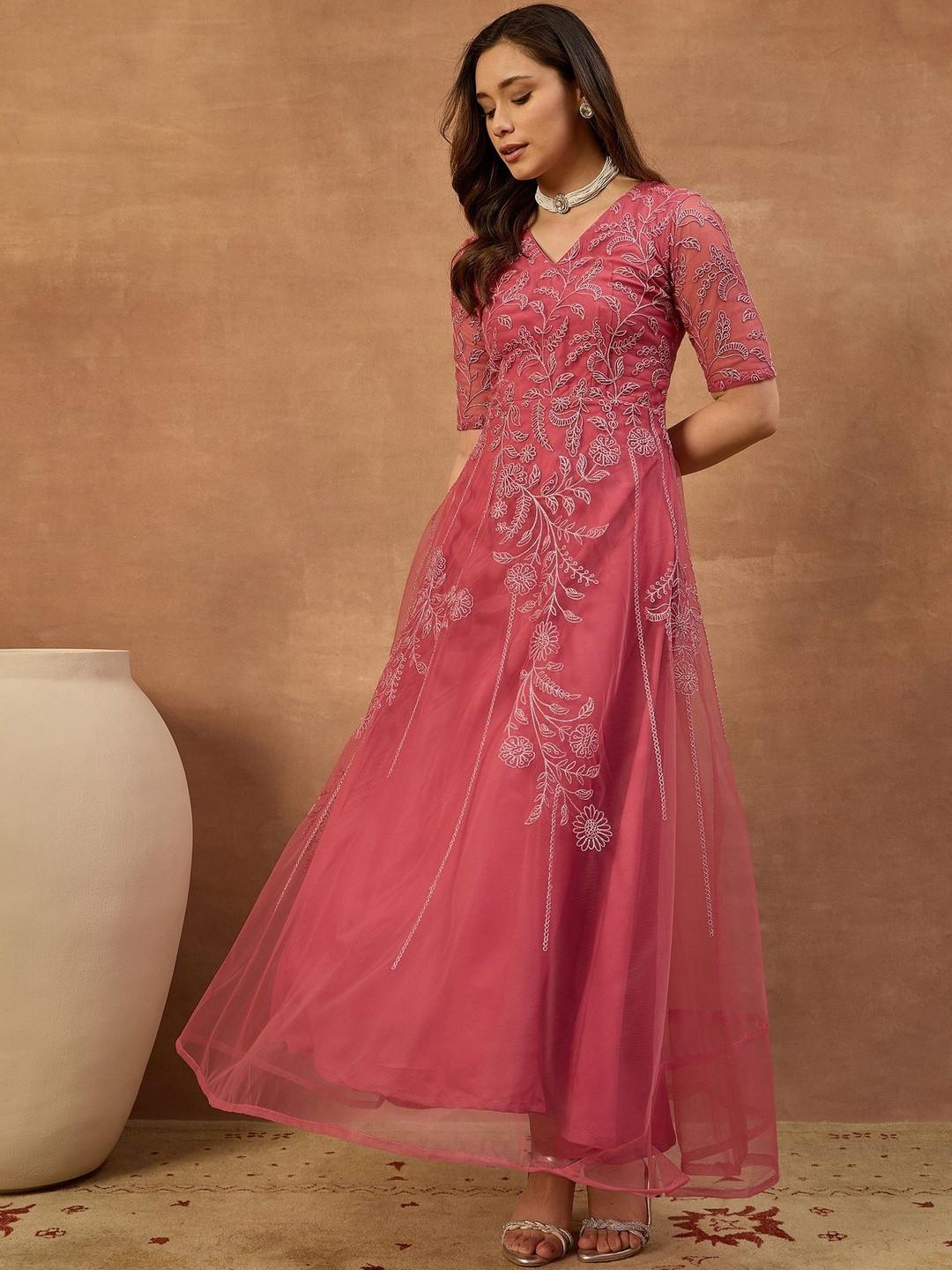Inddus Embroidered V-Neck Gown Maxi Dress