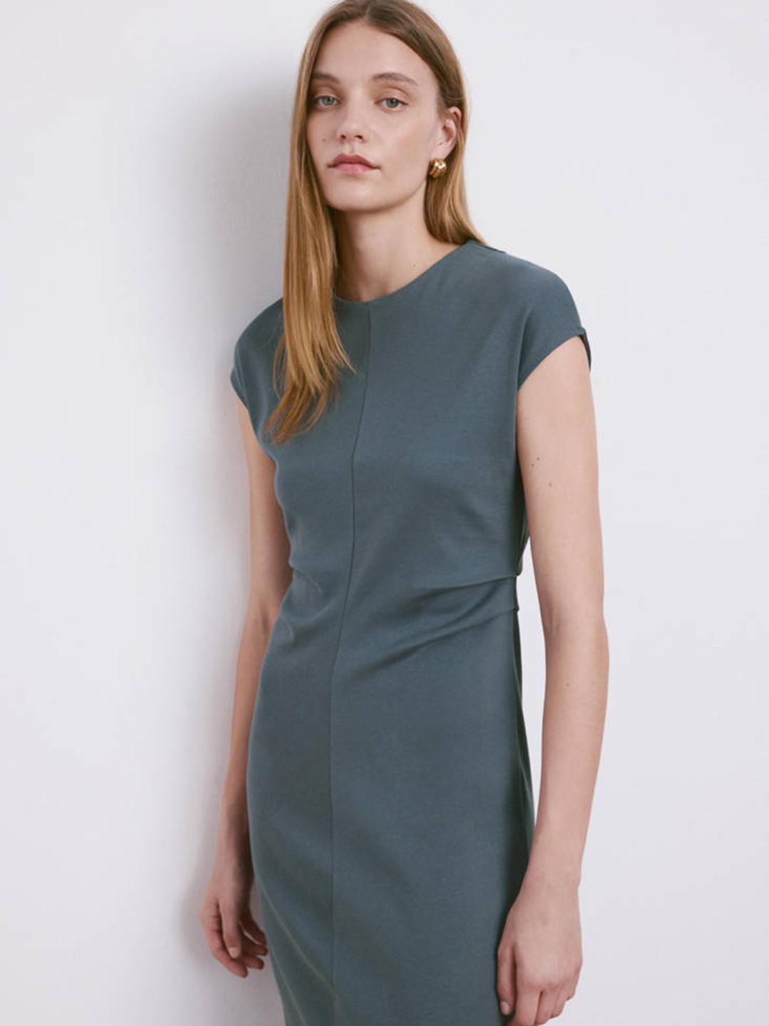 MANGO Pure Cotton Extended Sleeves Gathers Sheath Midi Dress