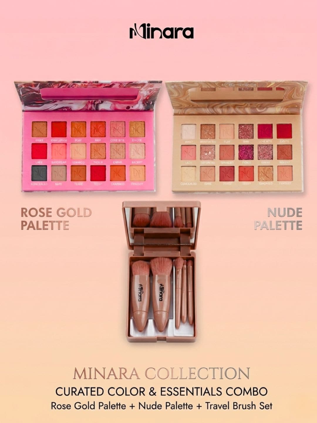 MINARA Nude & Rosegold Eyeshadow Palette with 5 Travel Brushes