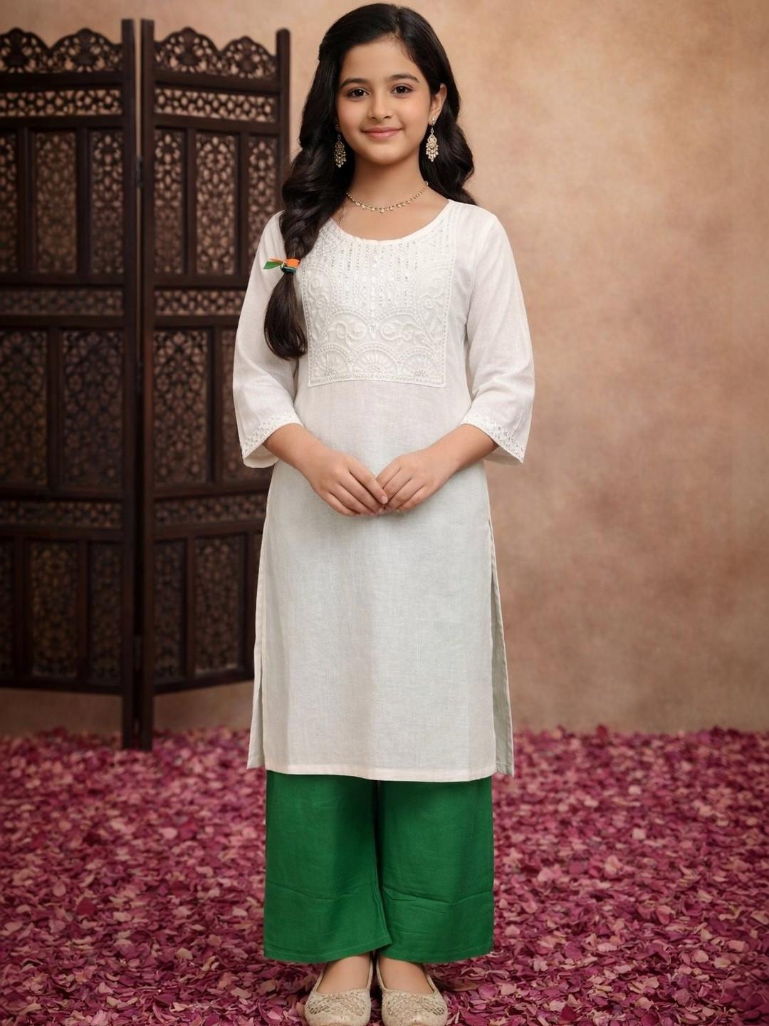 Sangria Girls Embroidered Pure Cotton Round Neck Calf Length Straight Kurta