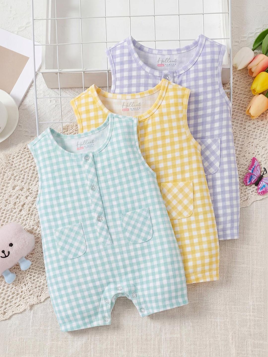 Hellcat Newborn Rompers 024 Months | Baby Cotton Romper | Checked Romper |Pack of 3