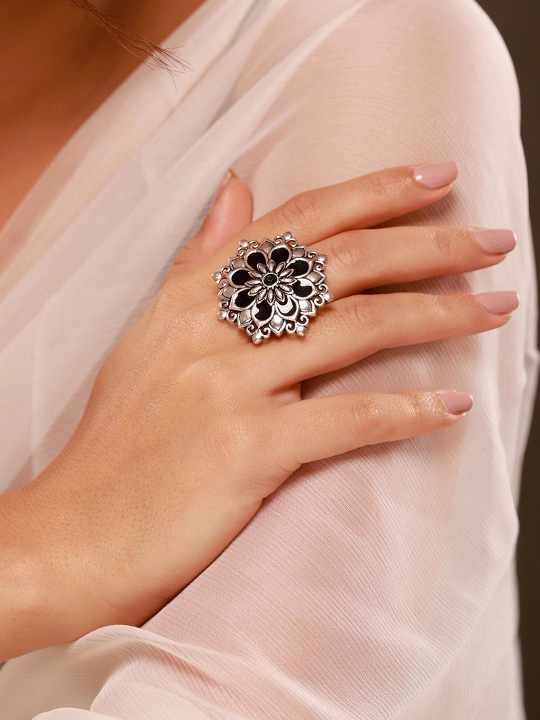Voylla Silver Plated Oxidised Finger Ring