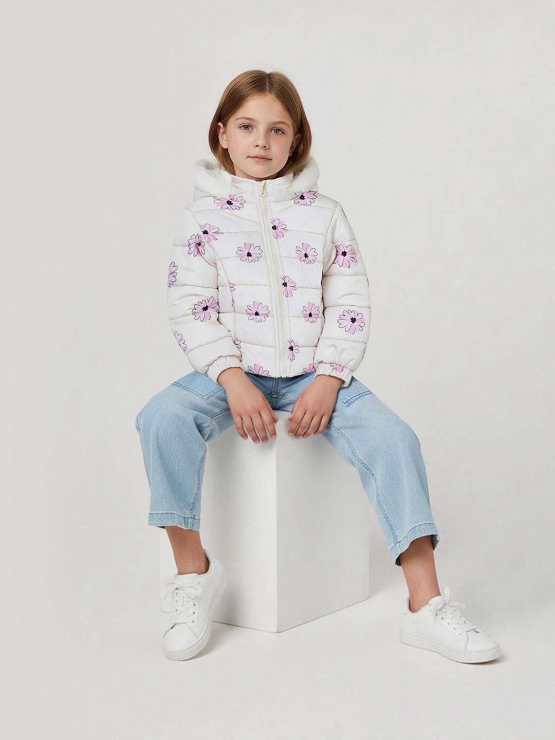 max Girls Hooded Floral Printed Padded Jacket