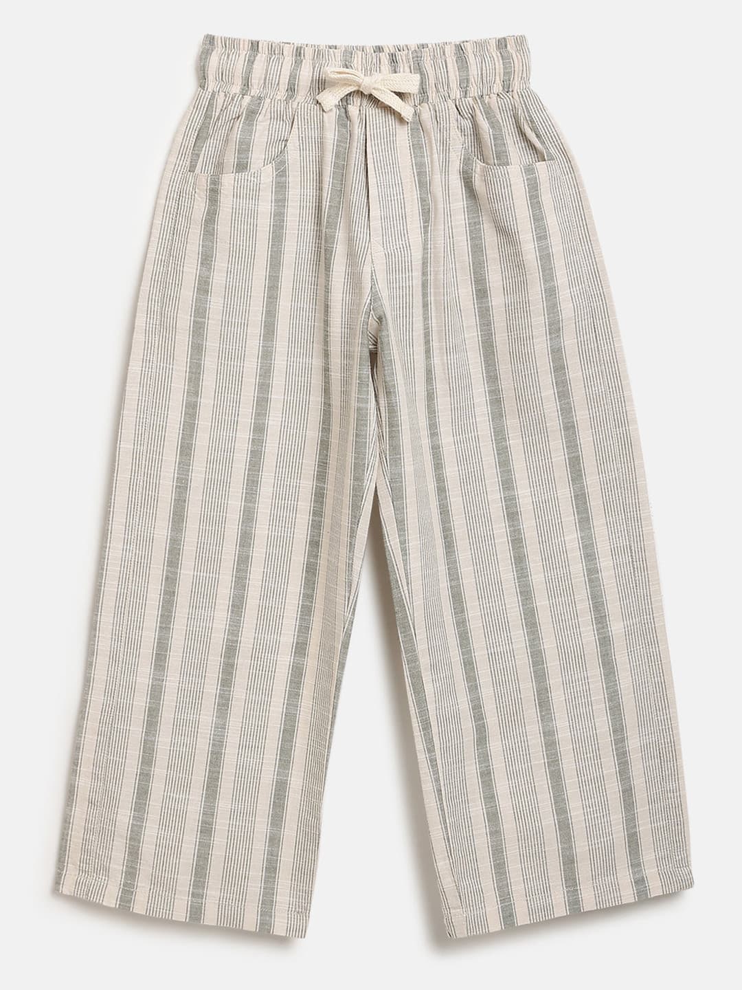Peach Boys Olive Striped Pure Cotton Relaxed Fit Trousers